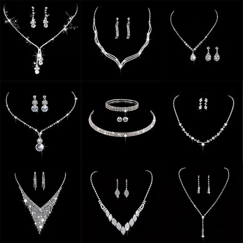 Moda cristal nconjunto de jóias strass banhado a prata colar brinco conjunto presente - Loja Home Utilidades