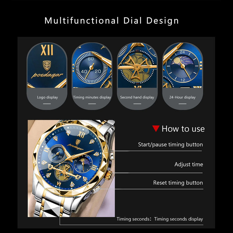 POEDAGAR Luxury Man Wristwatch Waterproof Luminous Chronograph Watch for Men Stainless Steel Men's Quartz Watches reloj hombre - Loja Home Utilidades