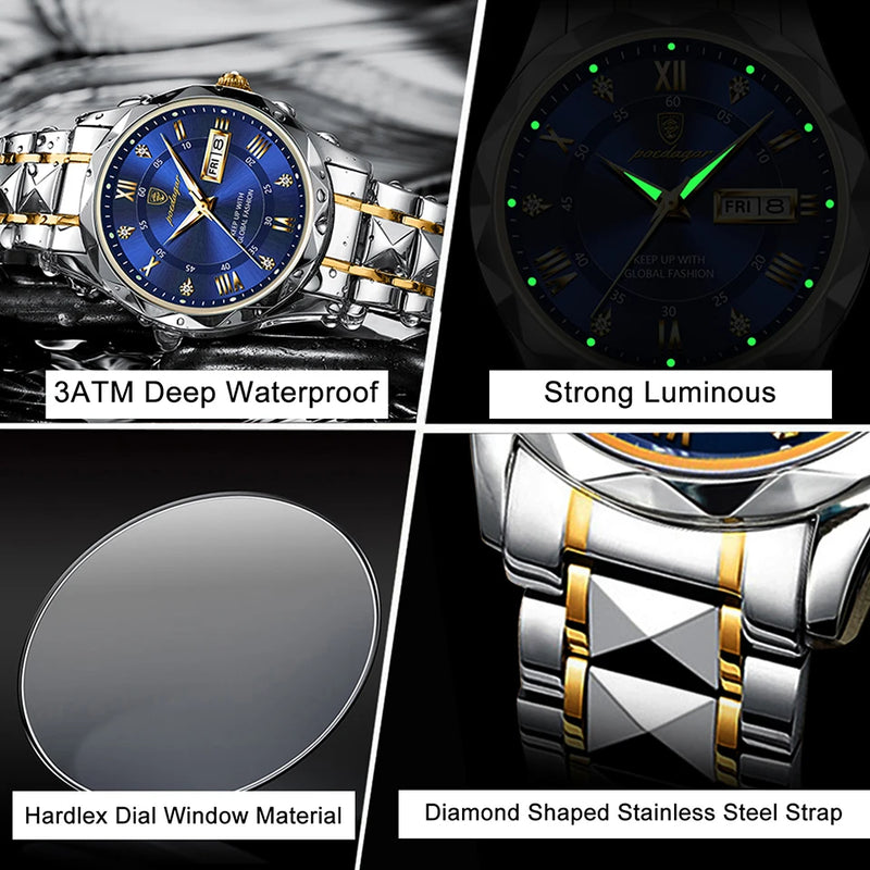 POEDAGAR Men Luxury Watches Stainless Steel Quartz Wrsitwatches Male Auto Date Clock with Luminous New Design Business Hands+box - Loja Home Utilidades